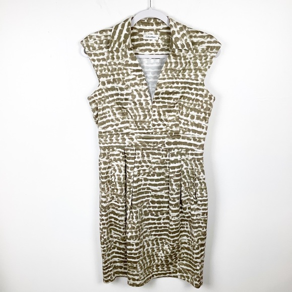 Calvin Klein Dresses & Skirts - Calvin Klein Dress Tan White Pattern Size 8 pocket
